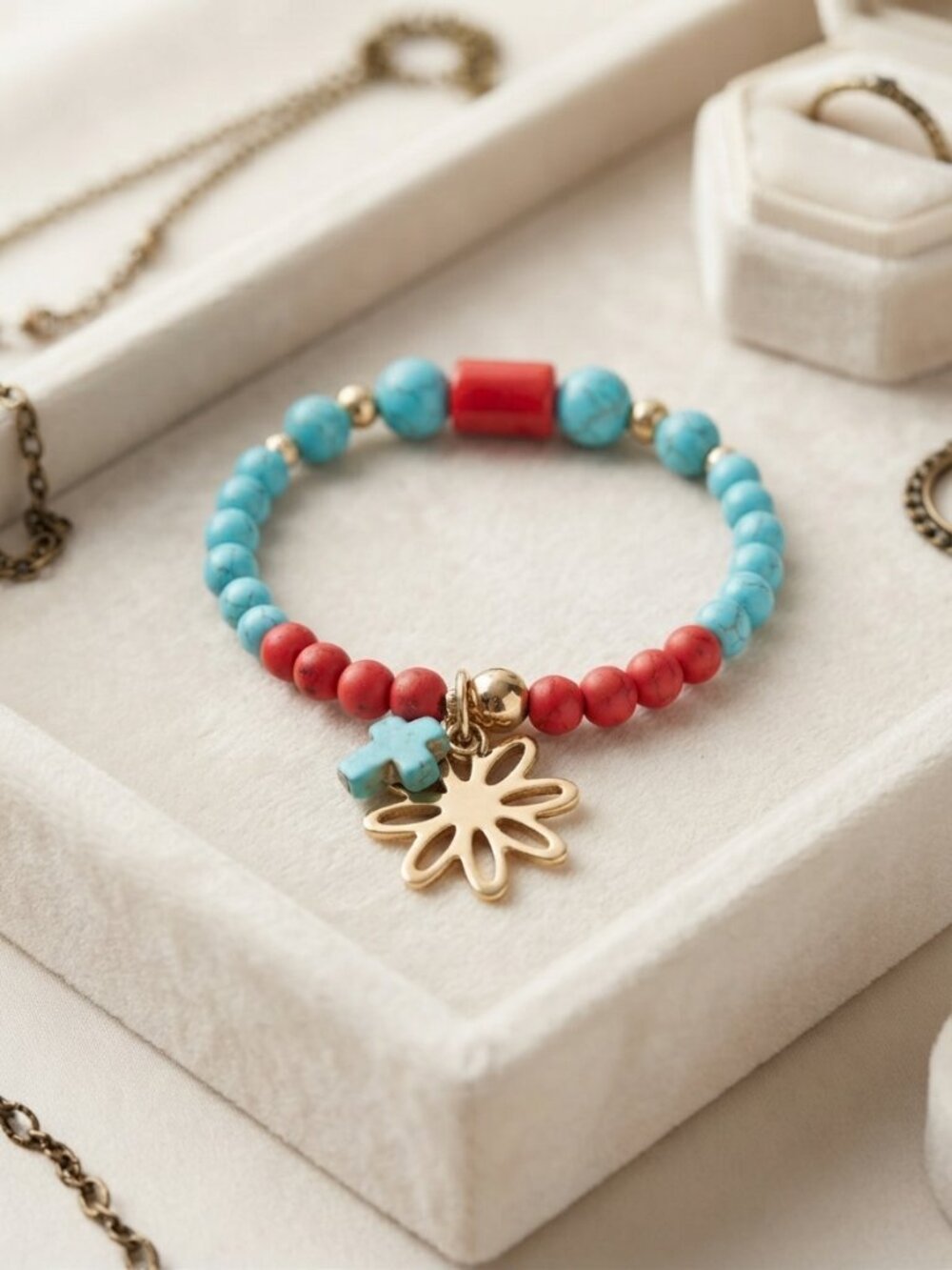 💎 Boho Turquoise & Red Coral Bead Gold Flower Charm Bracelet 💎